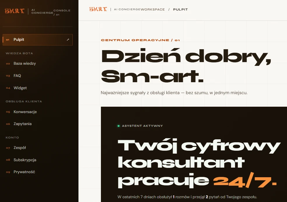 Pulpit panelu SM-art Chat: podsumowanie rozmów, baza wiedzy i ustawienia widgetu
